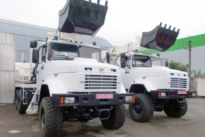 Earthmoving Equipment Mounted on the KrAZ-63221 Off Road Chassis